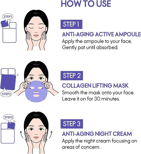 Korean ELLE Anti-Aging Collagen Lifting Mask 3-Step Care Kit - Hydrating Ampoule, Firming Sheet Mask, Night Cream - Wrinkle Reduction, Skin Elasticity, Deep Moisturizing, Brightening, All Skin Types- 4 Packs