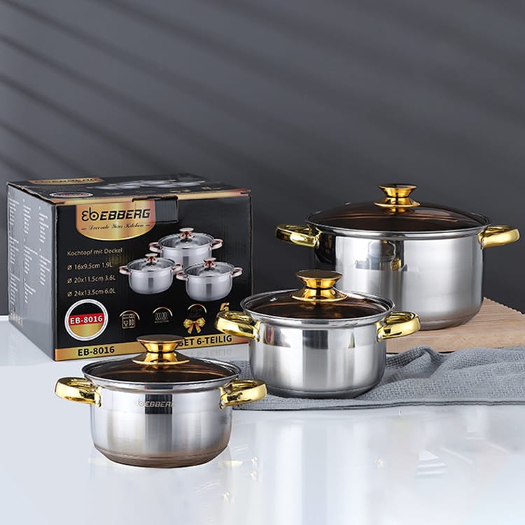 Ebberg, 3-Piece Stainless Steel Cookware Set with Glass Lids, Multi-Layer Base, Gas & Induction Compatible