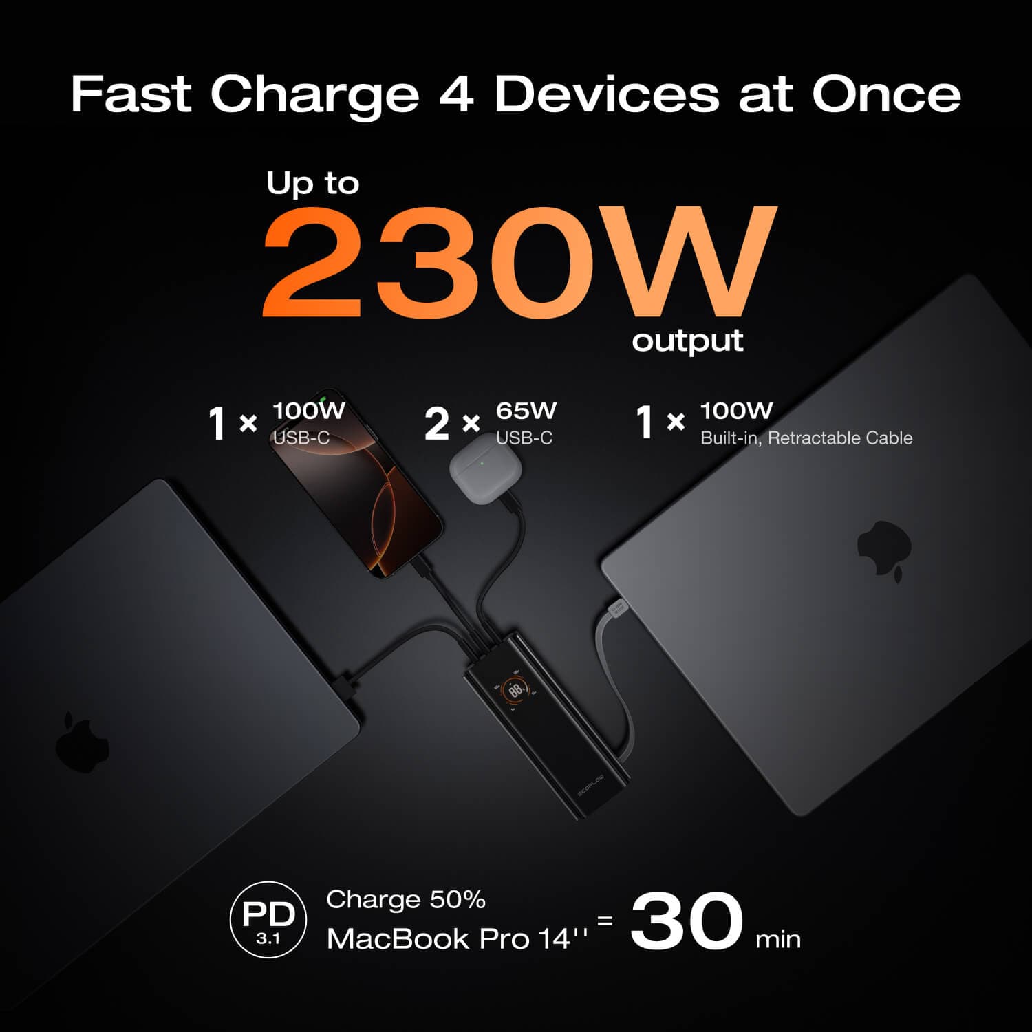 إيكو فلو RAPID Pro بنك طاقة (20,000mAh، 230W، كابل مدمج 100W) - فضي