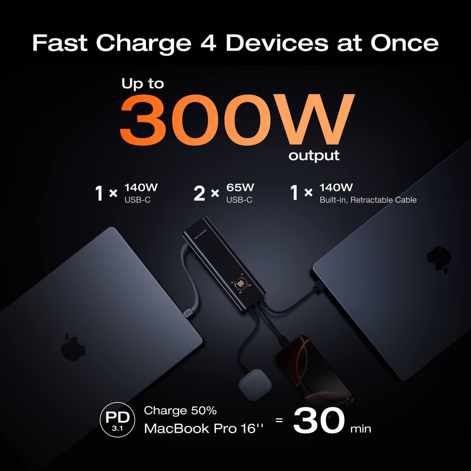 إيكو فلو RAPID Pro بنك طاقة (27,650mAh، 300W، كابل مدمج 140W) - فضي