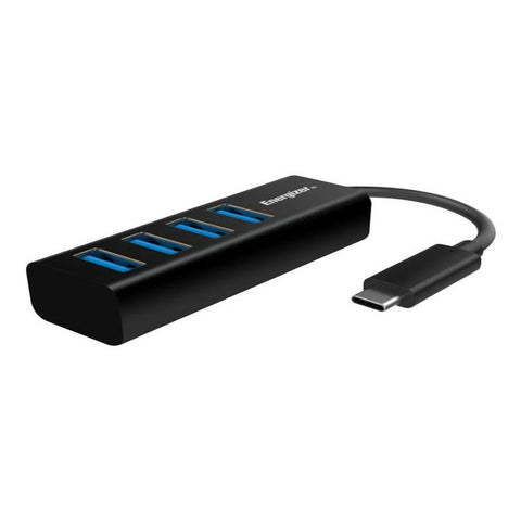 Black USB hub with multiple ports on a white background