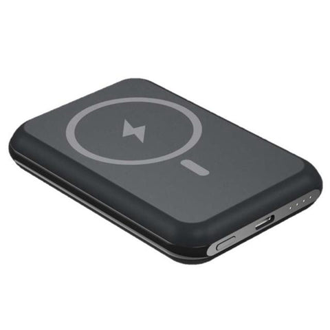 Black wireless charging pad with power symbol on a white background