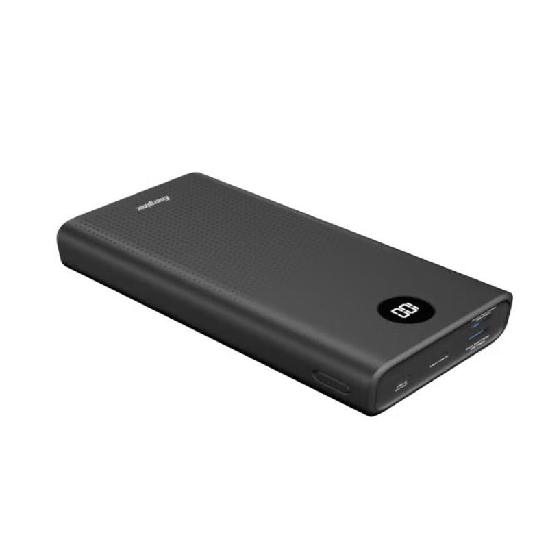 Black power bank with connectors on a white background