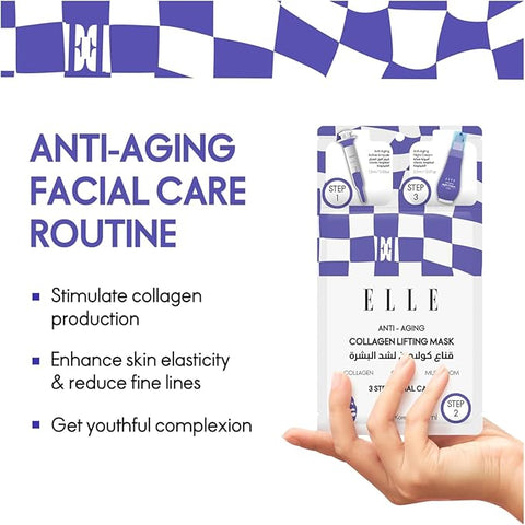 Korean ELLE Anti-Aging Collagen Lifting Mask 3-Step Care Kit - Hydrating Ampoule, Firming Sheet Mask, Night Cream - Wrinkle Reduction, Skin Elasticity, Deep Moisturizing, Brightening, All Skin Types- 4 Packs