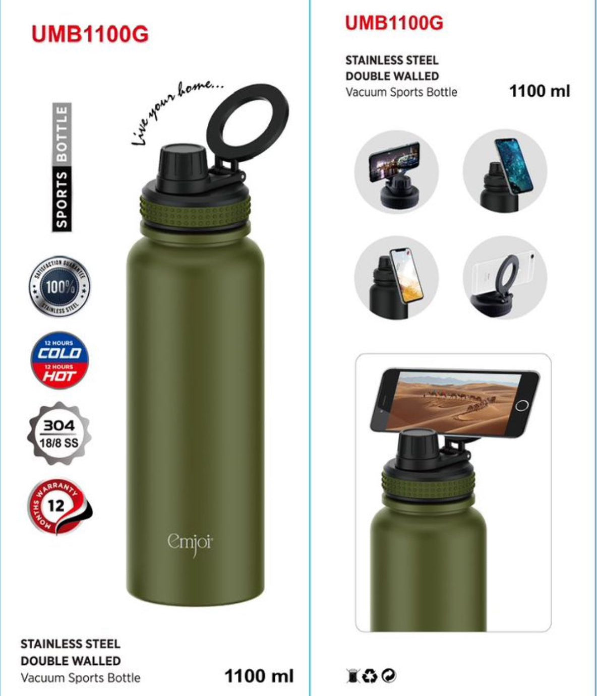 Emjoi MagSafe Stainless Steel Sport Bottle With MagSafe 1100ML GREEN