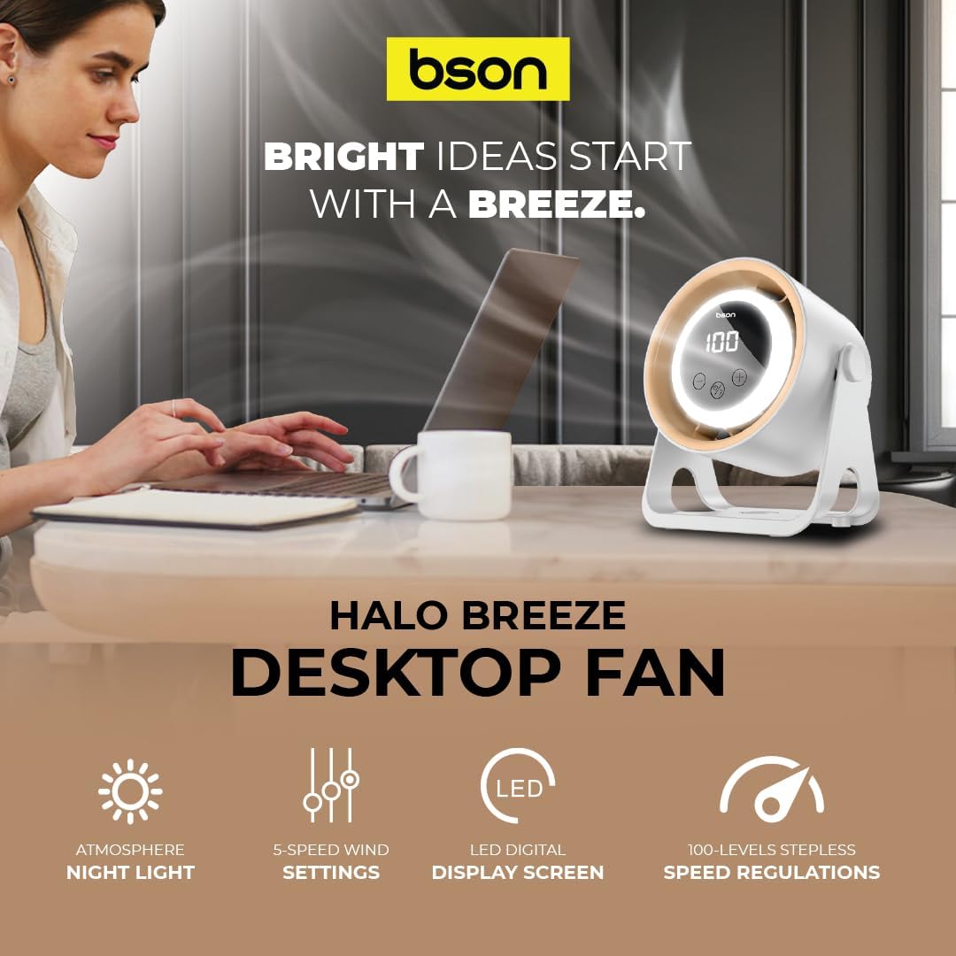BSON HALO Breeze desktop fan - Bson Halo Breeze Desktop Fan, 2 in 1 Cooling Fan & Atmosphere Night Light, Silent Operation with 5 Wind Speed Settings, LED Digital Display Screen, & 360° Rotation, Supports Wall Mounting & Hanging