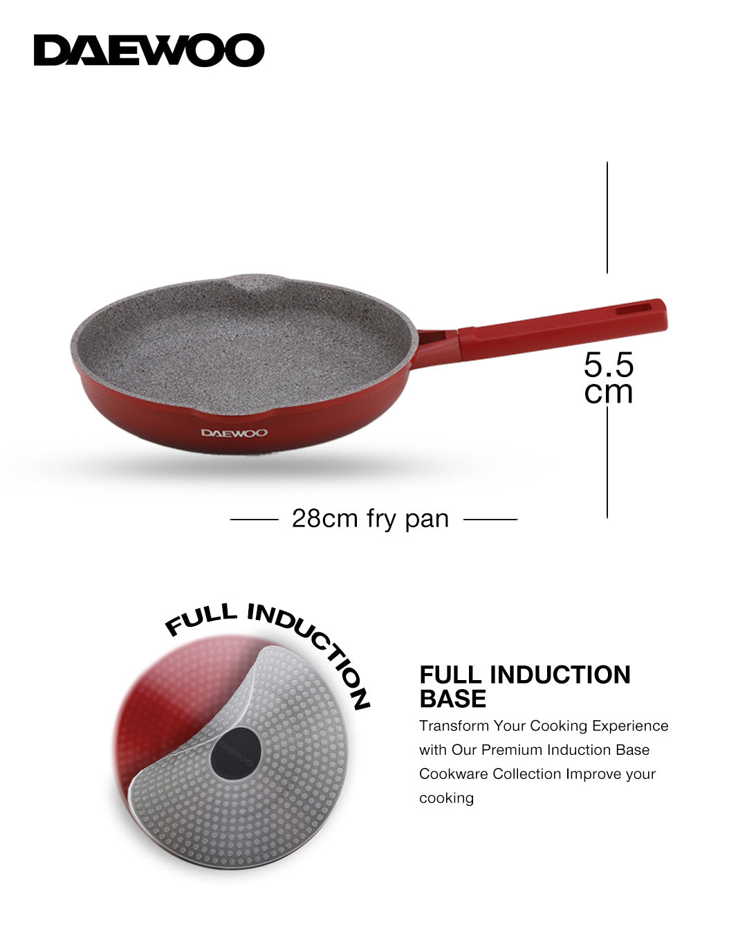 Daewoo 28cm Die-Cast Aluminum Frying Pan, Non-Stick Granite Stone Coating, Full Induction Base, Oven-Safe, Bakelite Handle , Red, Chemical-Free