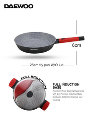 Daewoo 28cm Die-Cast Aluminum Fry Pan, Non-Stick Granite Coating, Full Induction Base, Bakelite Handle, Red-black, Chemical-Free.