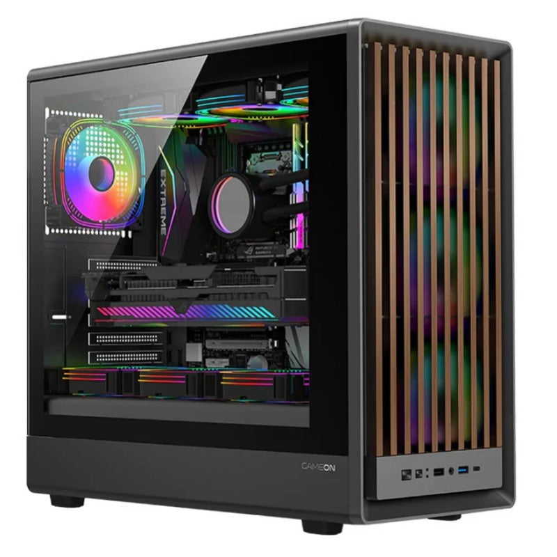 GAMEON TIMBERI Midnight Series ARGB + PWM Mid Tower Gaming Case - Wood/Black (7 Fans Included)