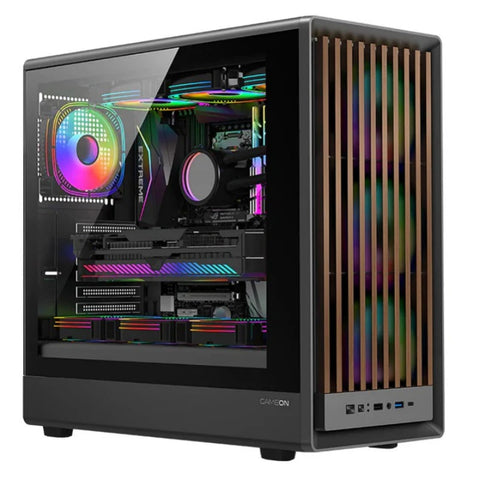 GAMEON TIMBERI Midnight Series ARGB + PWM Mid Tower Gaming Case - Wood/Black (7 Fans Included)