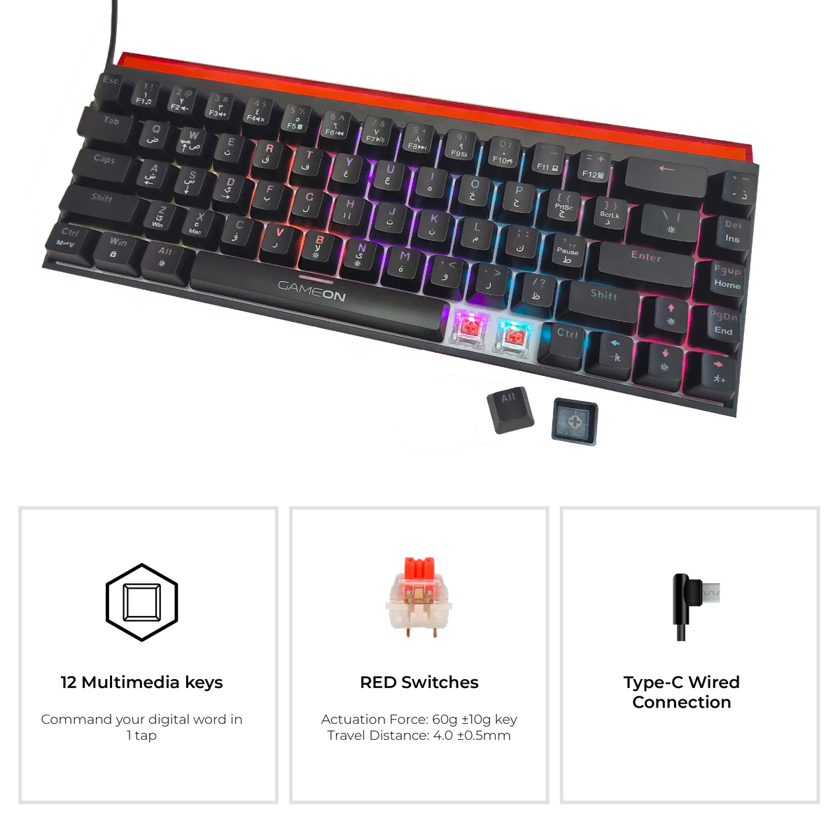 GAMEON PRIMEX Series GO-MK260-RS 60% RGB Mechanical Wired Gaming Keyboard With Customization Software, Red Switch - English/Arabic