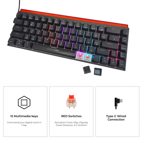 GAMEON PRIMEX Series GO-MK260-RS 60% RGB Mechanical Wired Gaming Keyboard With Customization Software, Red Switch - English/Arabic