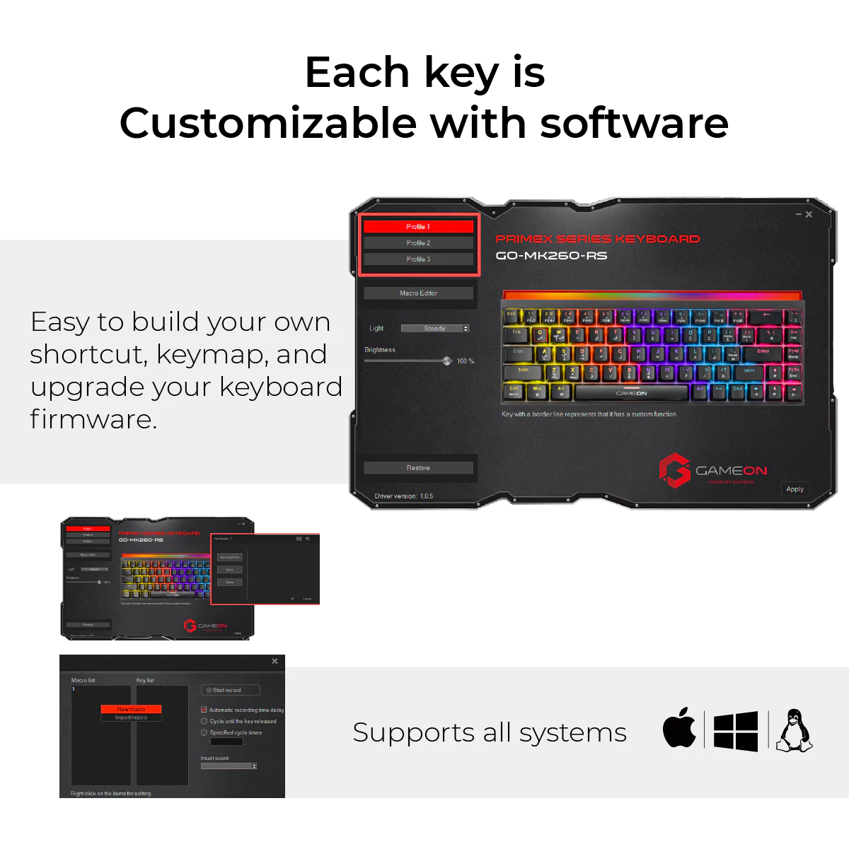 GAMEON PRIMEX Series GO-MK260-RS 60% RGB Mechanical Wired Gaming Keyboard With Customization Software, Red Switch - English/Arabic