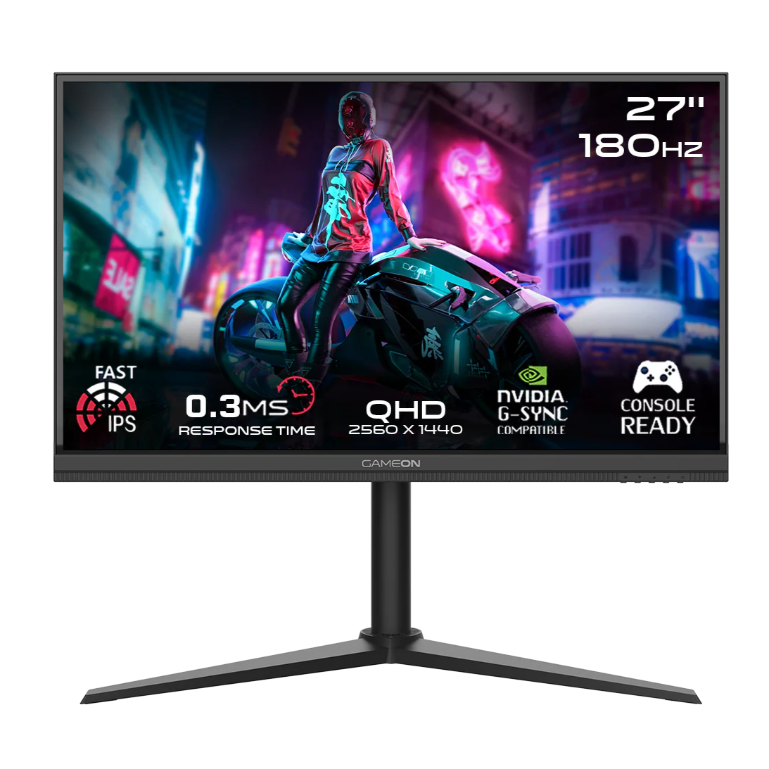 شاشة ألعاب GAMEON GOM27QHD180IPS Midnight Pro Series مقاس 27 بوصة QHD، 180 هرتز، MPRT 0.3 مللي ثانية، شاشة IPS سريعة - أسود