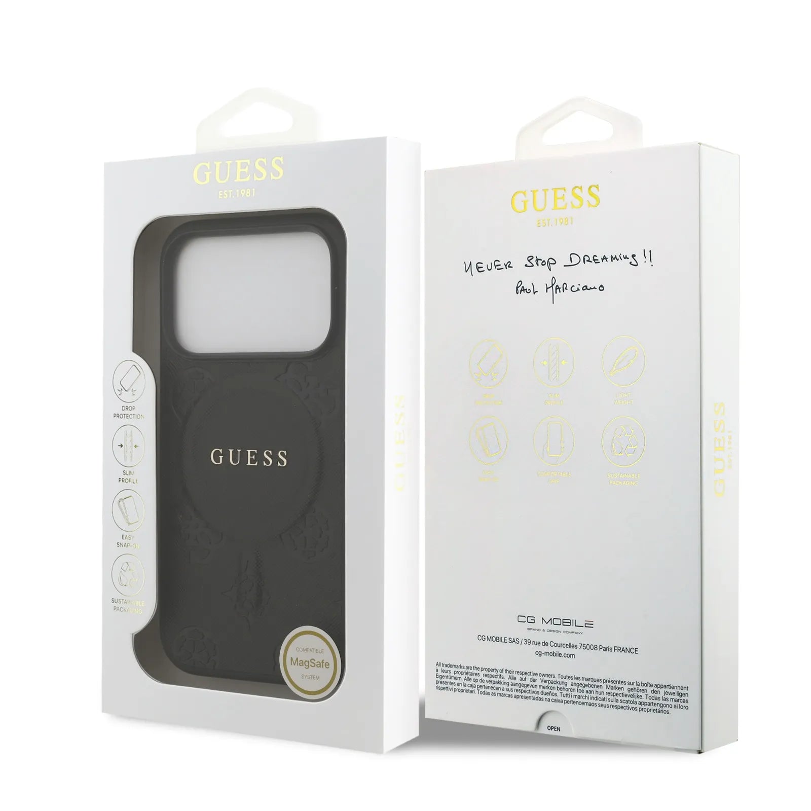 Guess, MagSafe PU Leather Case with Classic Logo & Peony Hot Stamp Design, iPhone 17 Pro Max