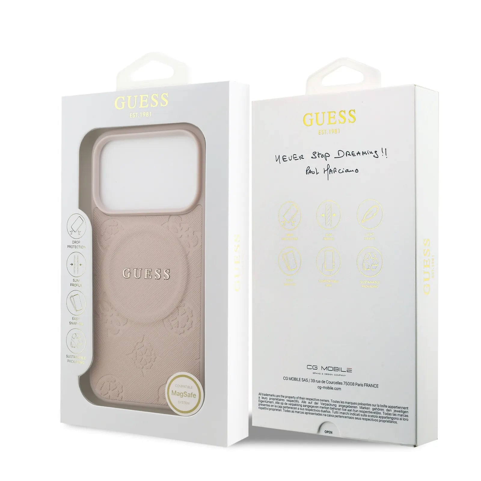 Guess, MagSafe PU Leather Case with Classic Logo & Peony Hot Stamp Design, iPhone 17 Pro Max