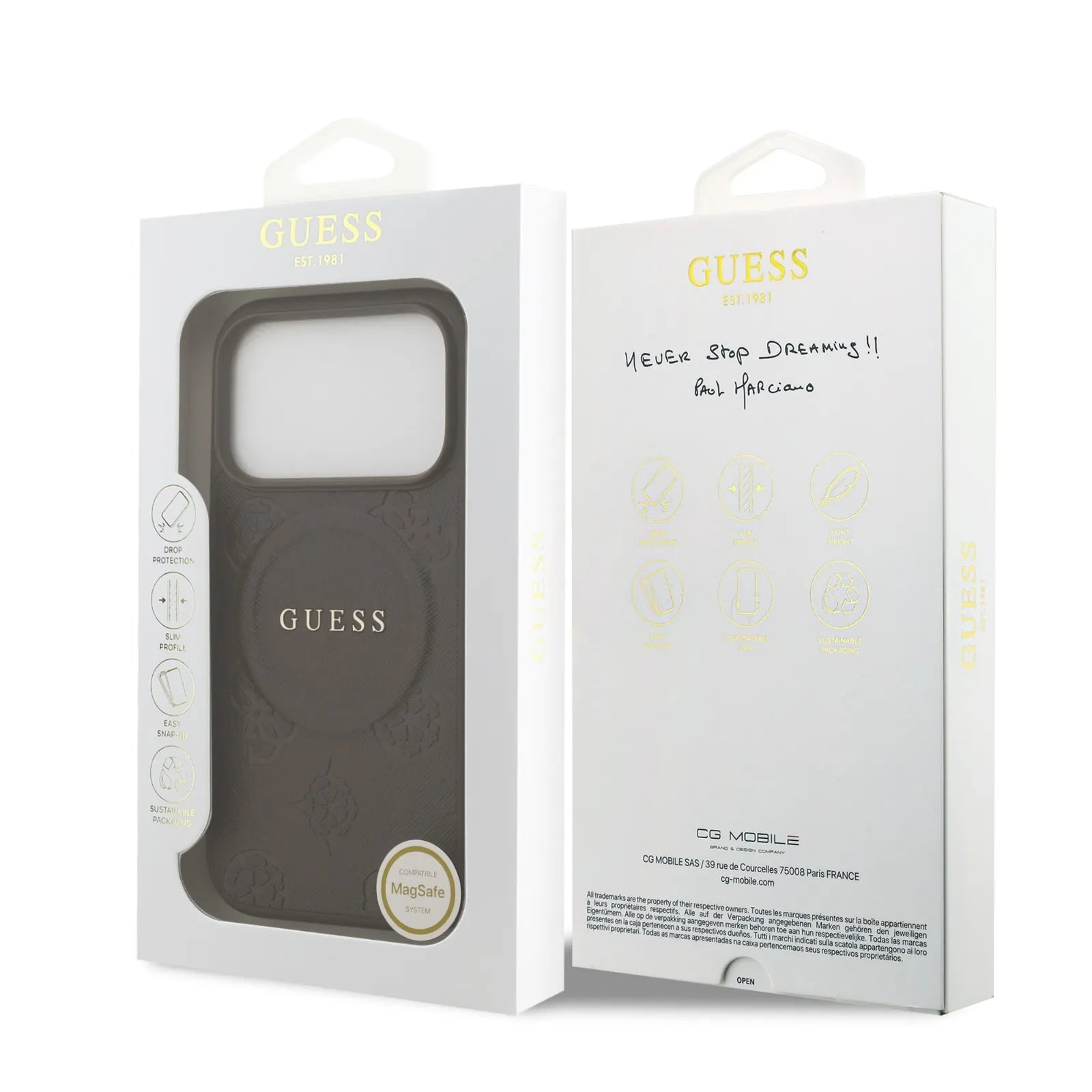 Guess, MagSafe PU Leather Case with Classic Logo & Peony Hot Stamp Design, iPhone 17 Pro Max