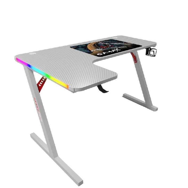 طاولة ألعاب جاماكس P202-LW من ألياف الكربون RGB مقاس 160×100×74 سم مع لوحة ماوس (شكل L - يسار) - أبيض