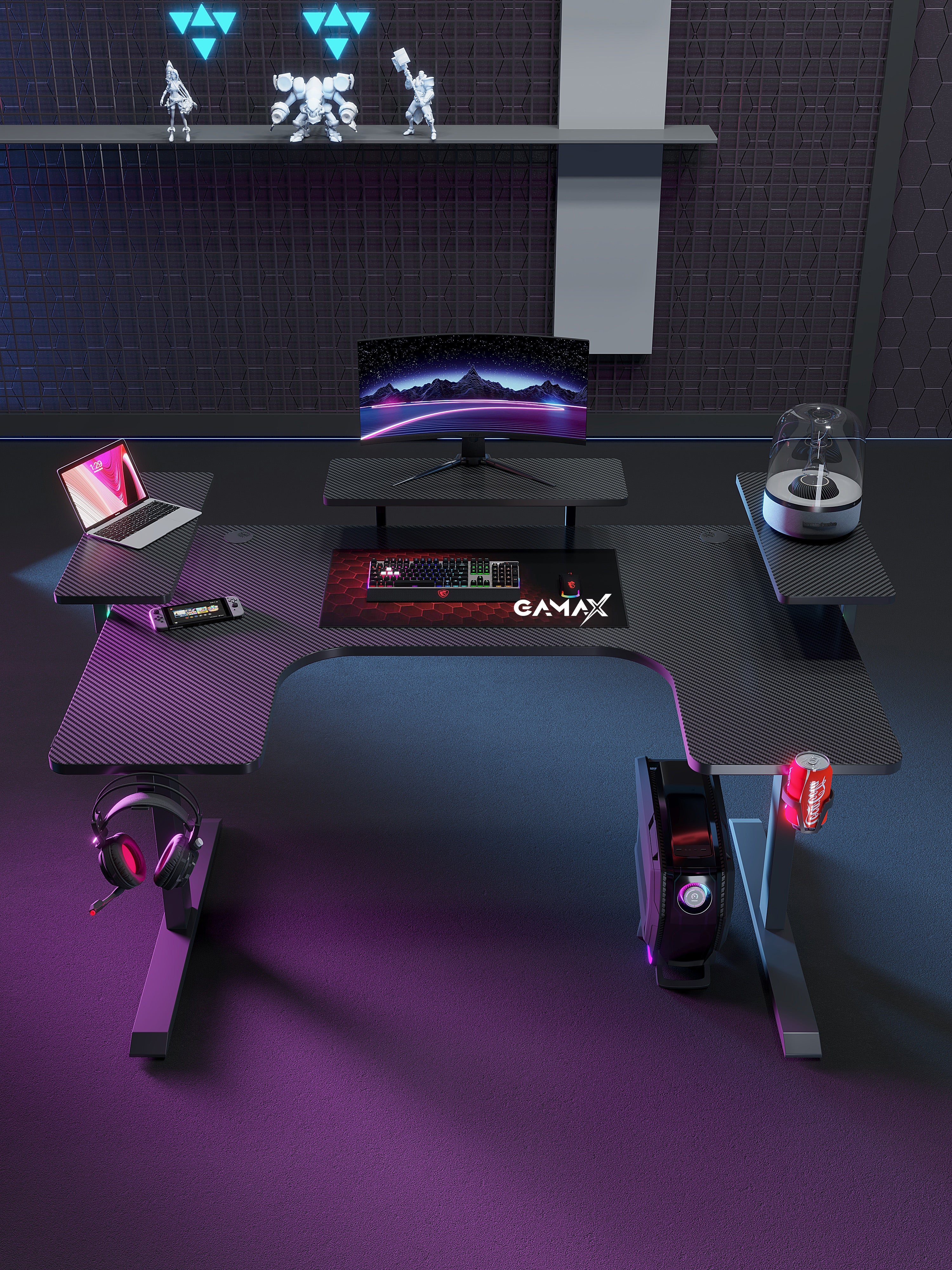 Gamax P203 RGB Carbon Fiber Gaming Workstation Desk with Multi-Level Shelves & Mousepad 160x100x74cm - Black