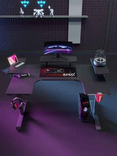 Gamax P203 RGB Carbon Fiber Gaming Workstation Desk with Multi-Level Shelves & Mousepad 160x100x74cm - Black