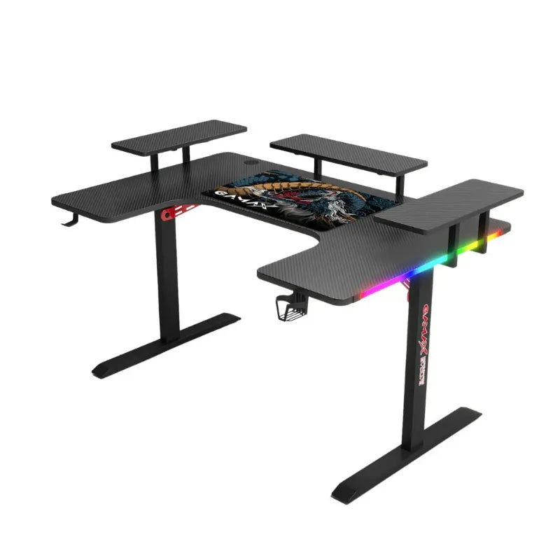 Gamax P203 RGB Carbon Fiber Gaming Workstation Desk with Multi-Level Shelves & Mousepad 160x100x74cm - Black