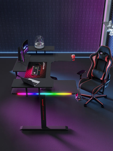 Gamax P203 RGB Carbon Fiber Gaming Workstation Desk with Multi-Level Shelves & Mousepad 160x100x74cm - Black