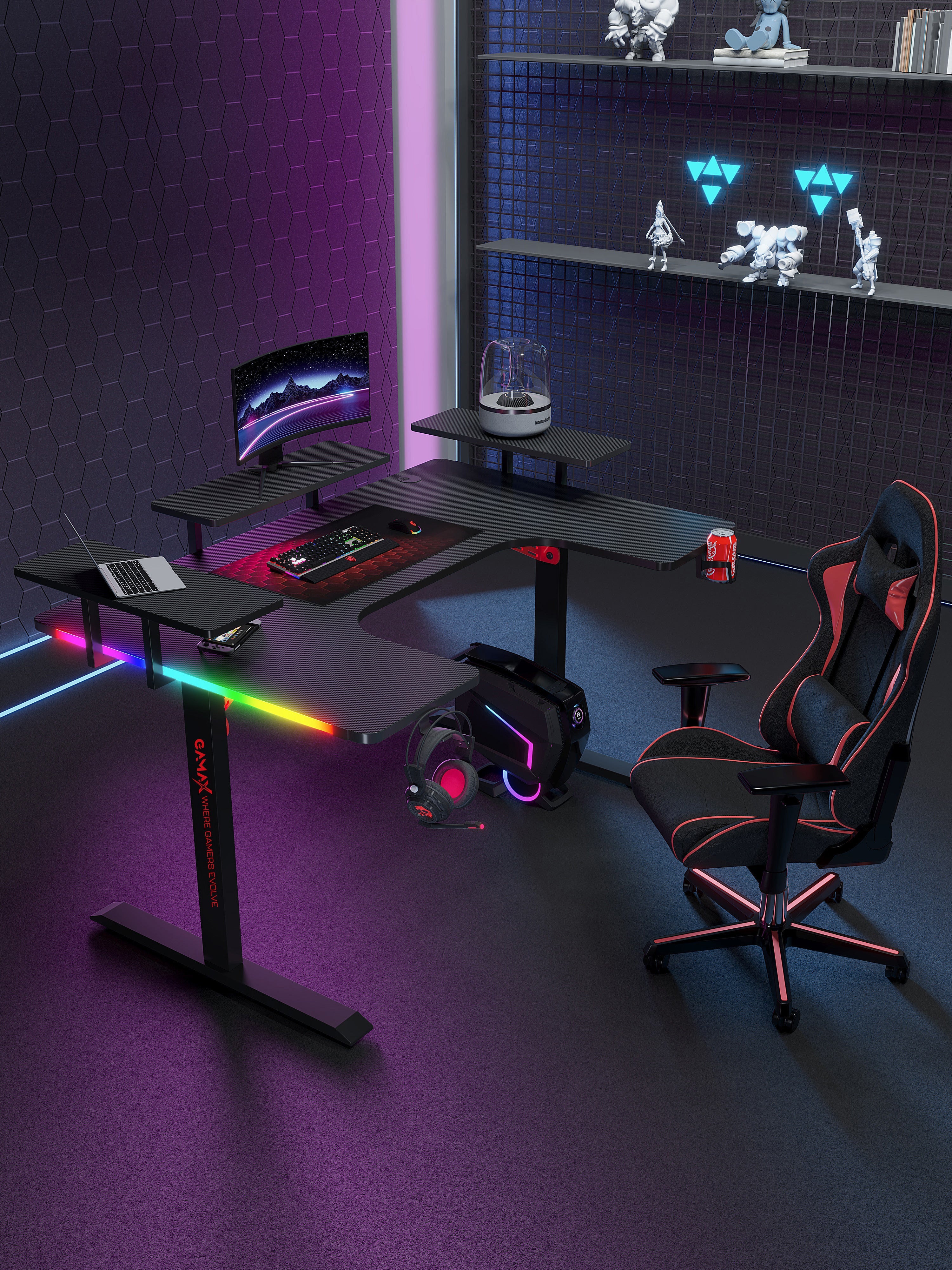 Gamax P203 RGB Carbon Fiber Gaming Workstation Desk with Multi-Level Shelves & Mousepad 160x100x74cm - Black