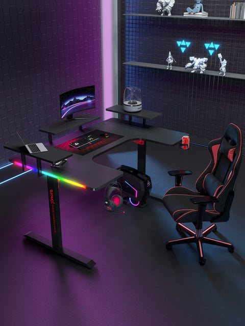 Gamax P203 RGB Carbon Fiber Gaming Workstation Desk with Multi-Level Shelves & Mousepad 160x100x74cm - Black