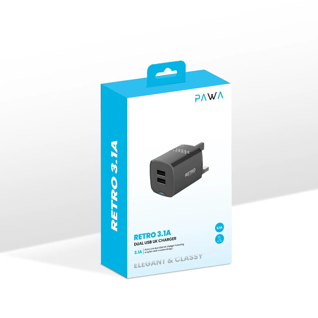 باوا PW-TCRT31UK-BK، شاحن حائط رجعي بقدرة 3.1A مزدوج USB - بريطاني