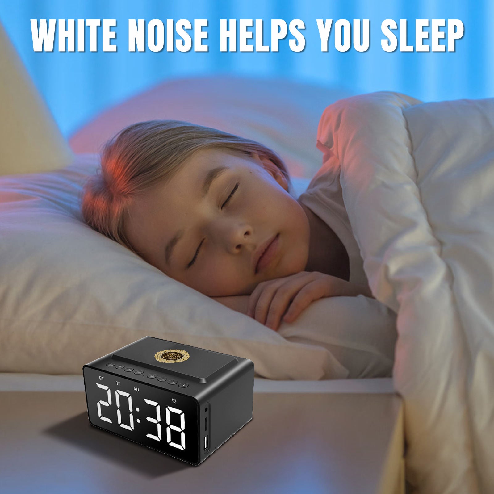 KKF، أذان رقمي، ساعة منبه بسماعة قرآن مع بلوتوث، ذاكرة 8 جيجابايت، راديو FM وشاشة LED