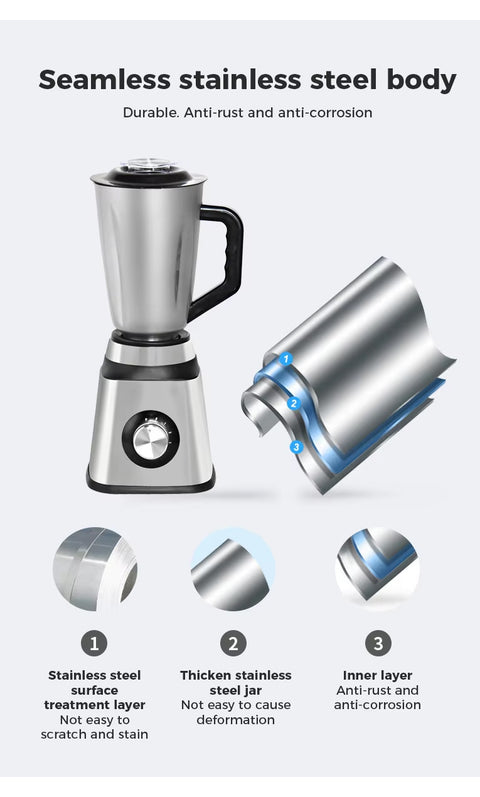 PURE 2-in-1 Stainless Steel Blender with Grinder Attachment – 1 L, 400 W