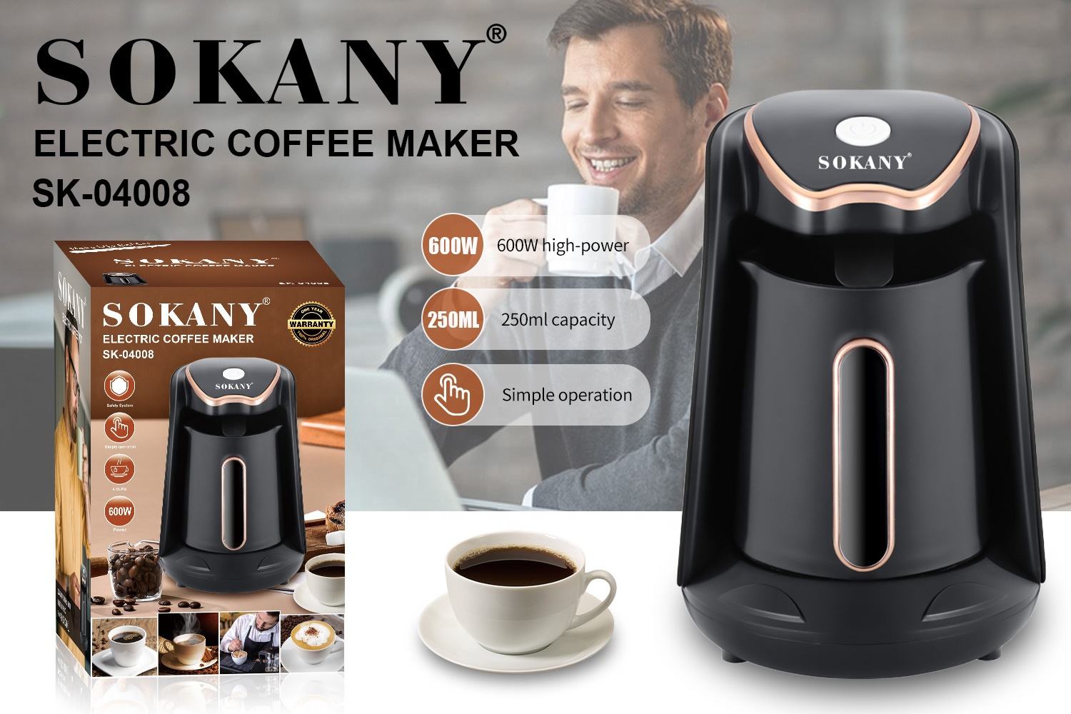 SOKANY Electric Turkish Coffee Maker 600W, 250ml - SK-04008