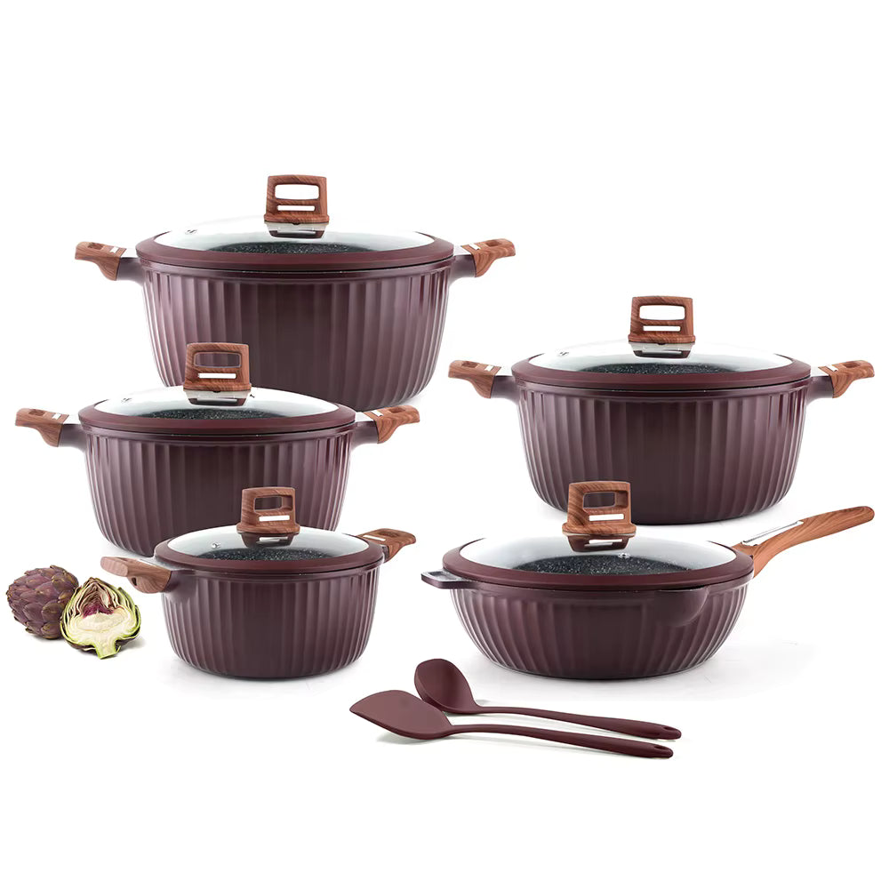 OSFE Granite Cookware Set 12 pcs (Pot 32, 28, 24, 20 cm, Pan 28 cm) with Free 2 Pcs of Utensil Tools