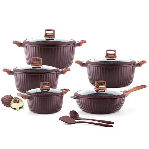 OSFE Granite Cookware Set 12 pcs (Pot 32, 28, 24, 20 cm, Pan 28 cm) with Free 2 Pcs of Utensil Tools