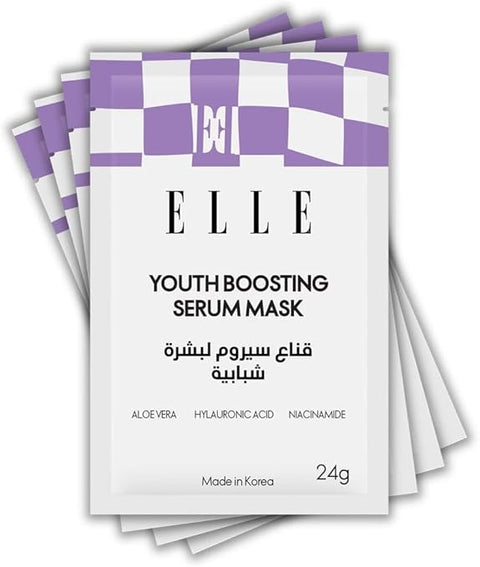 Korean ELLE Youth Boosting Serum Mask – Anti-Aging, Hydrating, Brightening & Firming Face Mask – Infused with Peptides, Hyaluronic Acid, and Niacinamide for Youthful Skin- 4 Packs