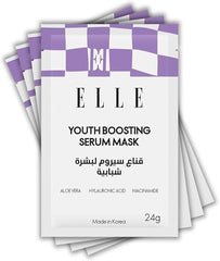 قناع سيروم ELLE لتعزيز الشباب - قناع مضاد للشيخوخة، مرطب، مفتح ومشد للوجه - غني بالببتيدات وحمض الهيالورونيك والنياسيناميد لبشرة شابة - عبوة من 4 قطع