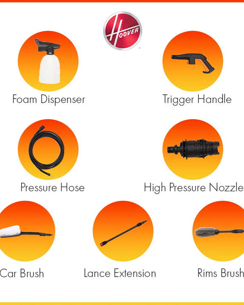 Hoover, Pressure Washer 140-Bar, 2200W with 7 Accessories & Wheeled Design