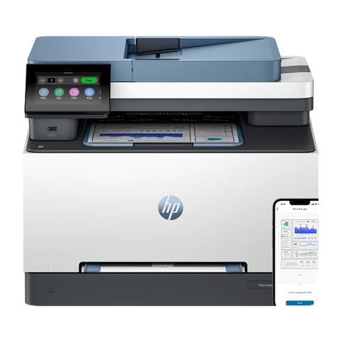 HP printer with smartphone displaying printer app on a white background