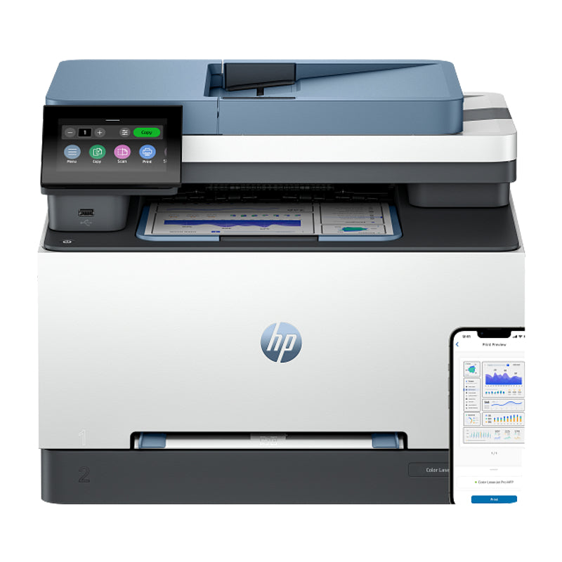 HP printer with smartphone displaying printer app on a white background