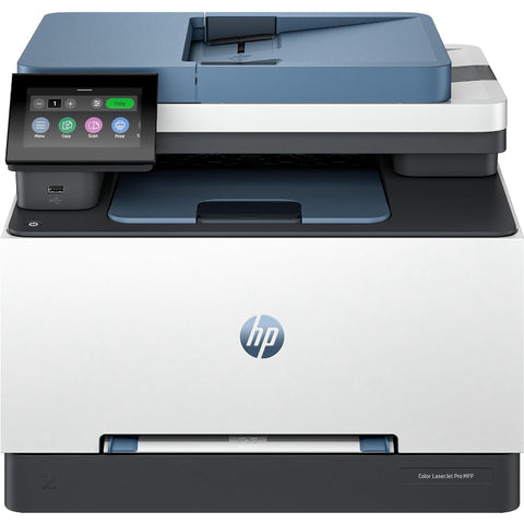HP printer with blue and white design on a white background