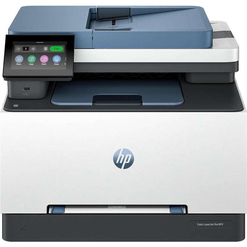 HP printer with blue and white design on a white background