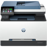 HP printer with blue and white design on a white background