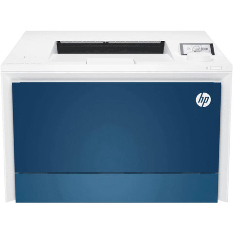 HP printer with blue and white design on a white background