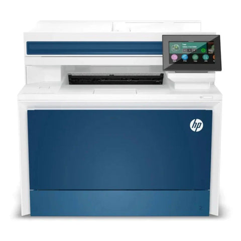 HP printer with blue and white design on a white background