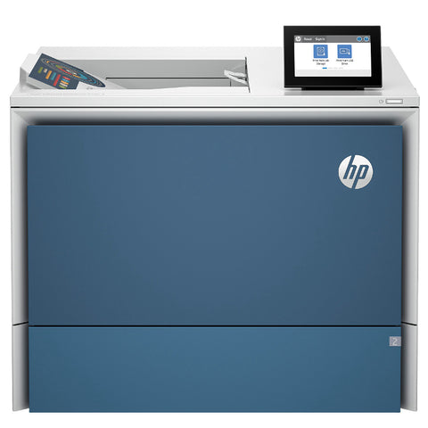 Blue HP printer with a touchscreen display on a white background