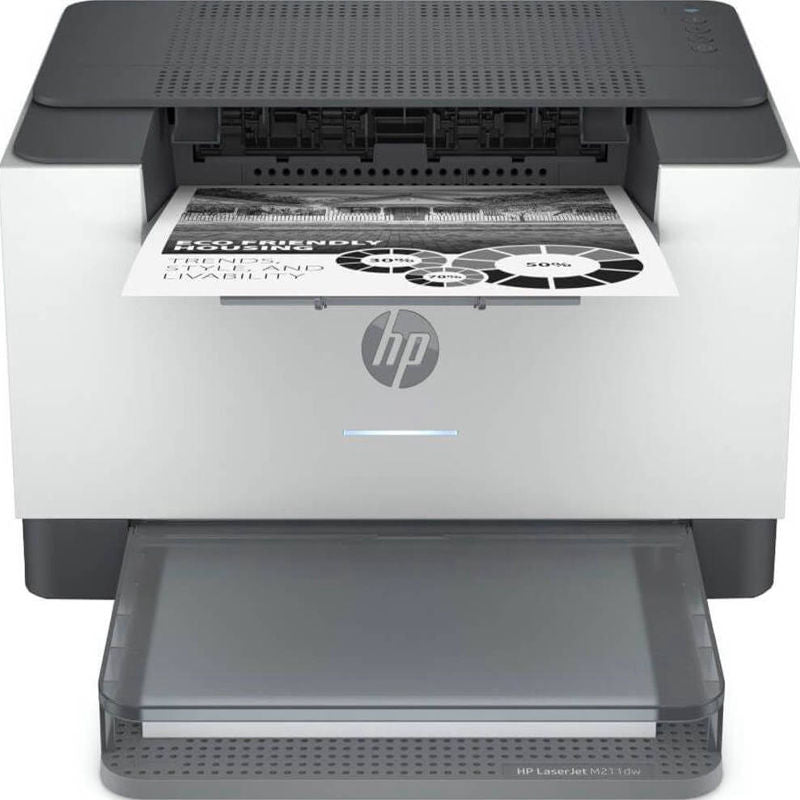 HP printer with a document on the paper tray against a white background
