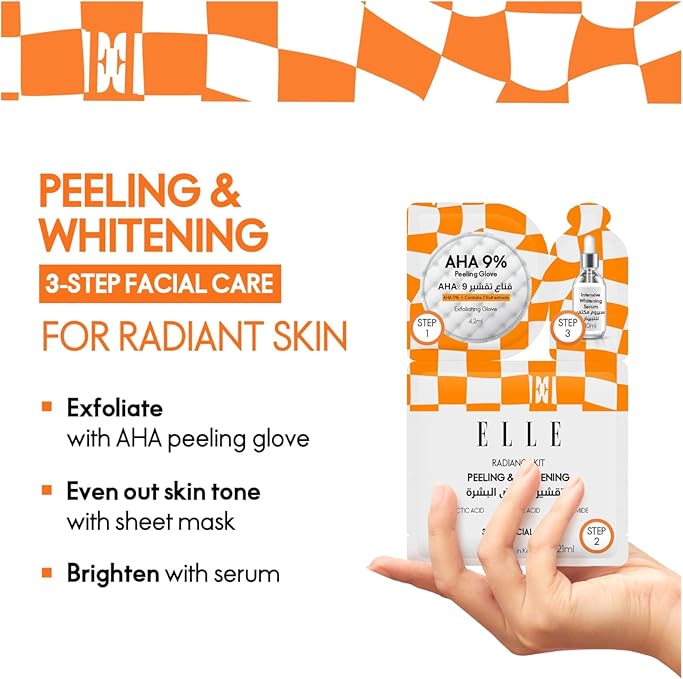 Korean ELLE Radiance Kit – 3-Step Peeling & Whitening Treatment with AHA Peeling Glove, Soothing Mask,Intensive Whitening Serum - Brightening, Exfoliating, Hydrating, Anti-Aging – For All Skin Types- 4 packs