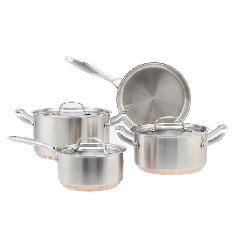 Osfe 7 Pcs Stainless Steel Cookware Set (24-28cm) - Includes 24cm & 28cm Casseroles with Glass Lids, 24cm Fry Pan, and 16cm Sauce Pan with Glass Lid (3-Layer Stainless Steel, 2.0mm Thickness)
