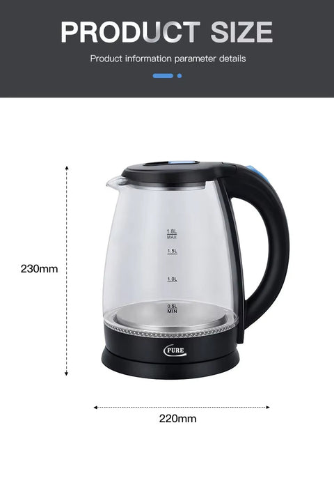 PURE Borosilicate Glass Electric Kettle with Auto Shut-Off – 1.8 L, 1500 W