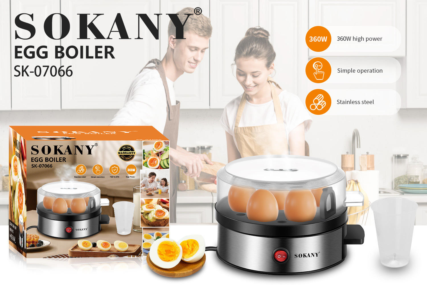 SOKANY Electric Egg Boiler - 7 Eggs Capacity, 360W